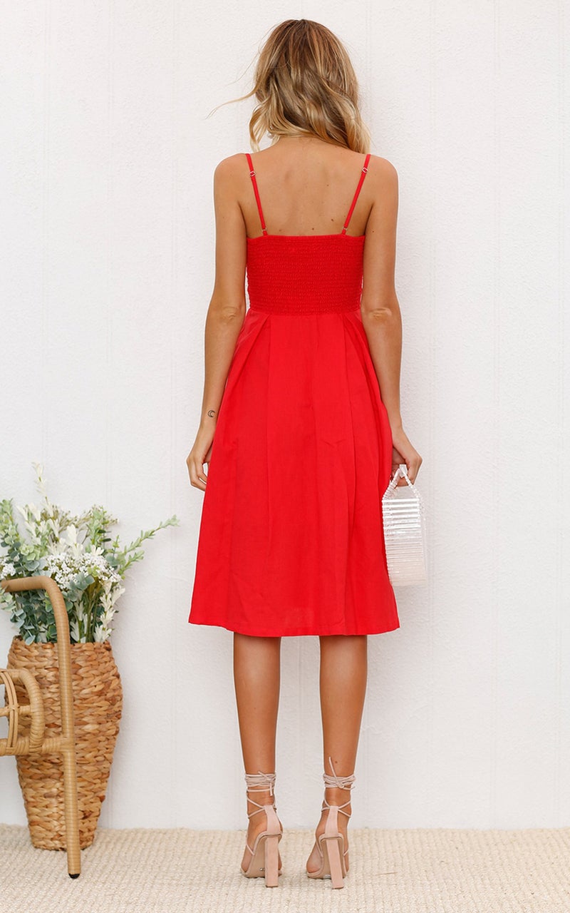 ECOWISH Women 2024 Summer Dresses Tie Front V-Neck Spaghetti Strap Button Down A-Line Backless Swing Midi Dress 572 Red L - Image 5